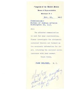 Congressional Communication Regarding Comanche Constitution Vote and Investigation Request, 1958-11-18