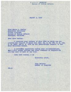 Correspondence Regarding Legislative Support from the Inter-Tribal Council of the Five Civilized Tribes, 1955-01-01 - 1960-12-31