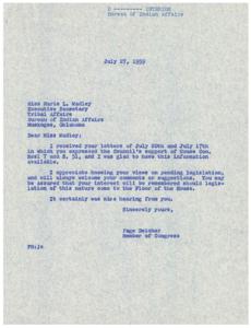 Correspondence Regarding Tribal Affairs and Legislative Support in 1959, 1954-08-05
