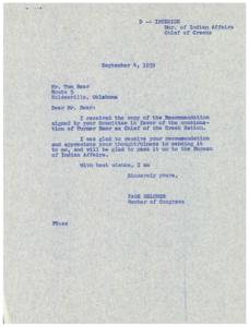 Recommendation for Continuation of Turner Bear as Chief of the Creek Nation, 1959-09-04