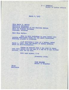 Correspondence Regarding Additional Funding for Adult Vocational Training Program in Oklahoma, 1963, 1950-02-03