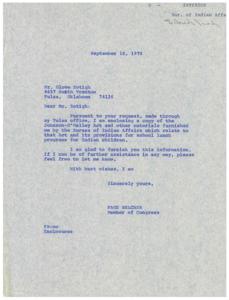 Congressman Page Belcher&#39;s Letter to Mr. Zotigh Regarding the Johnson-O&#39;Malley Act and School Lunch Programs for Indian Children, 1970-09-16