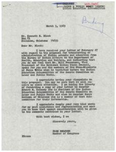 Correspondence Regarding the Transfer of Indian School Administration in 1969, 1969-02-27