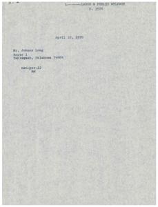 Letter to Johnny Long Regarding the Impact of Bill No. S3526 on Oklahoma Workers, 1970-04-10