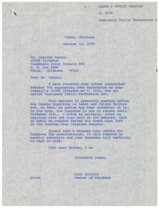 Correspondence Regarding Opposition to S. 3526 Emergency Public Protection Act between Congressman Page Belcher and Charles Murphy, DRIVE Director of Teamsters Joint Council #92, 1970-03-18