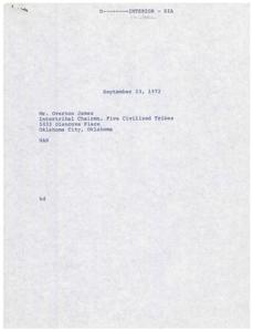 1972 Letter from the Commissioner of Indian Affairs to Intertribal Chairman Overton James Regarding Policy Implementation Consultations, 1972-09-23