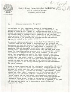 Report on Alleged Misuse of Johnson-O&#39;Malley Funds in Oklahoma and Agreements Reached at Pawnee Agency Meeting, 1972-09-13
