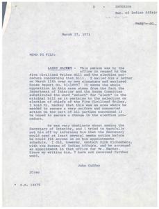 Larry Hackey&#39;s Efforts to Change the Election Procedure of the Five Civilized Tribes Bill: A Memo from 1971, 1971-03-11