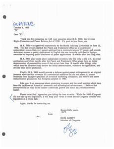 Protecting Inventors: A Letter from man Dick Armey, 1996-10-03