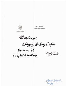 Happy Birthday Wishes from Mariann Gingrich to Dick Armey, United States Majority Leader