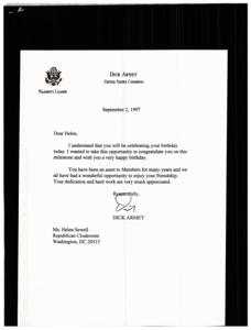 Happy Birthday Wishes from Dick Armey, Majority Leader of the United States, 1997-09-02