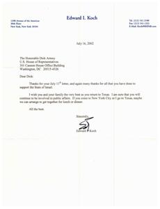 Letter of Thanks to Dick Armey for Support of Israel, 2002-07-16