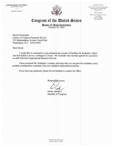 Recommendation for Geoffrey M. Colander for Congressional Research Service Position, 2000-05-15
