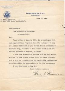 Official Communication to Governor of Oklahoma Regarding Shooting of Mexican Students at Ardmore, Oklahoma